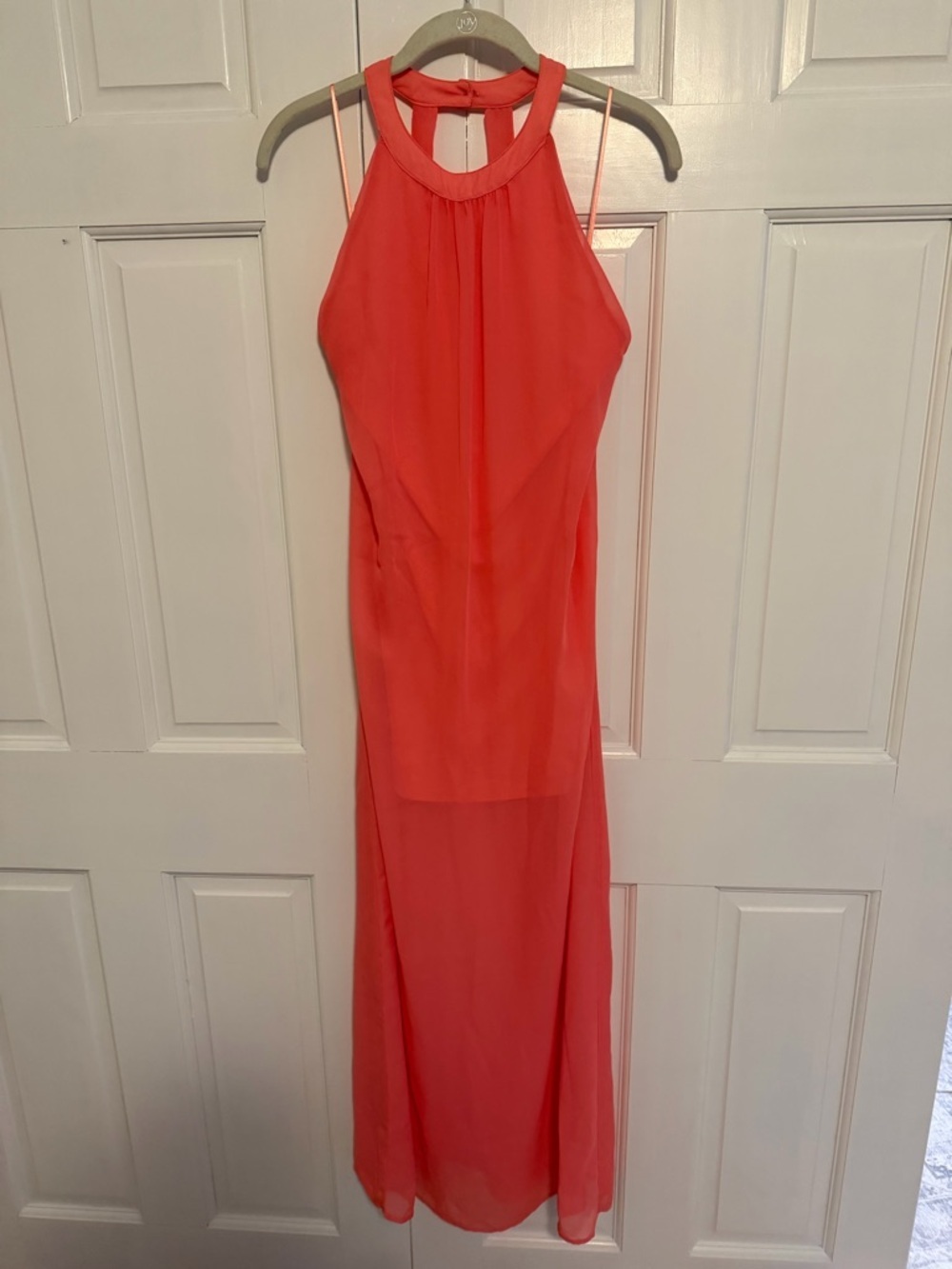 Socialite Coral Halter Maxi Dress Small Sleeveless Sheer Overlay Occasion Dress